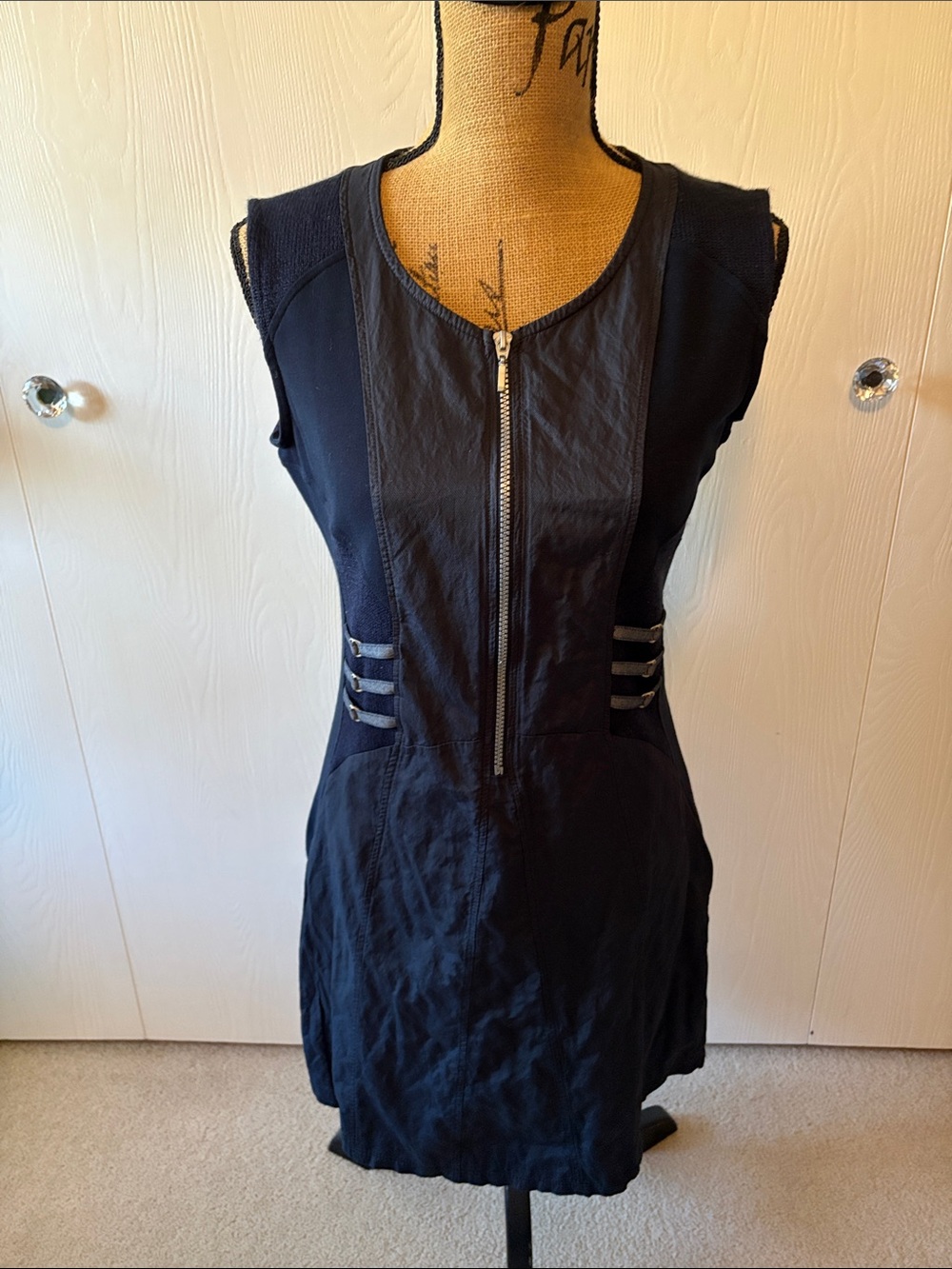 Sleeveless Navy Zip-Front Sheath Dress
